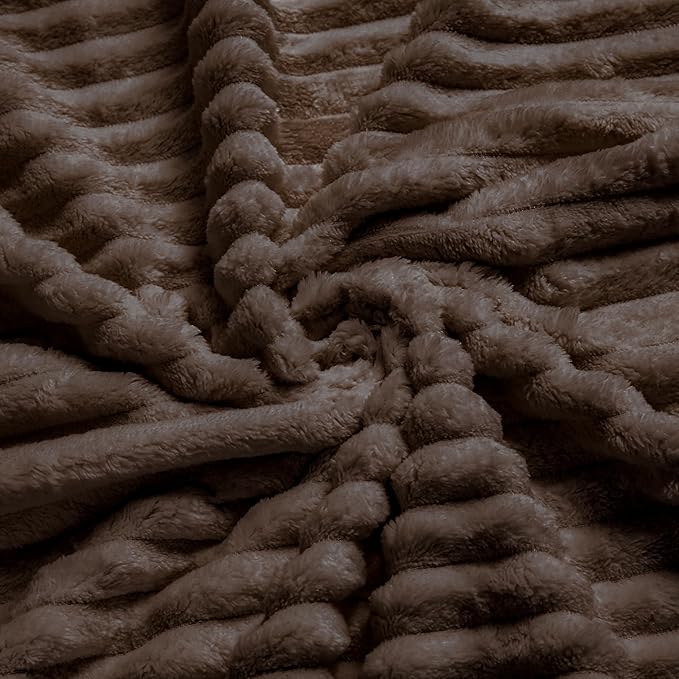 Vessia Flannel Fleece King Size Blanket(108x90 inch), 300GSM Cozy Brown Stripe Bed Blanket for Couch, Sofa and Bed, Warm and Soft Chocolate Microfiber Ribbed Decor for All Season