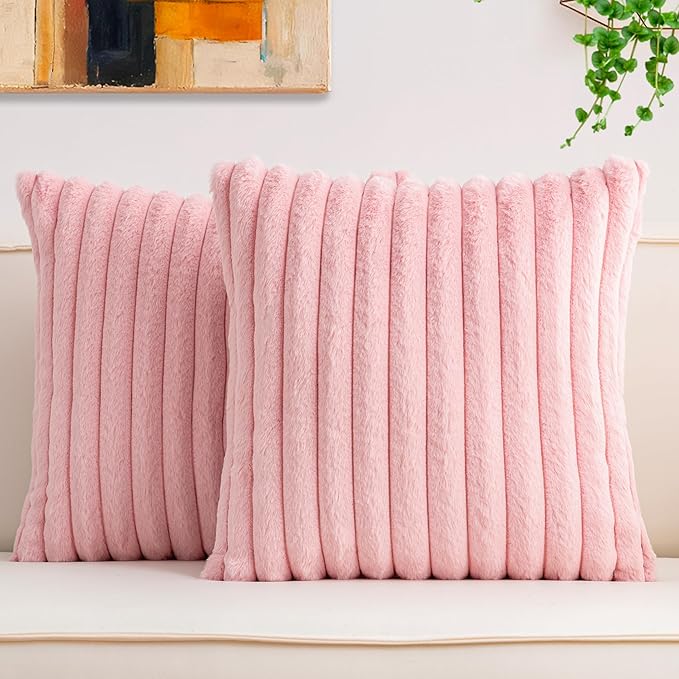Aegero Pack of 2 Faux Fur Fall Throw Pillow Covers 16x16 Inch, Soft Plush Striped Neutral Couch Pillow Cover, with Velvet Back Modern Home Decor for Sofa Living Room Couch Bed Pink