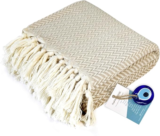 Peshtemania Premium Cotton Boho Throw Blanket Fall Throw Blanket |50”x60”| Beige Cream for Bed Sofa Couch Outdoor Farmhouse Turkish Throws and Blankets for Bedroom Picnic Blankets Yoga Blanket