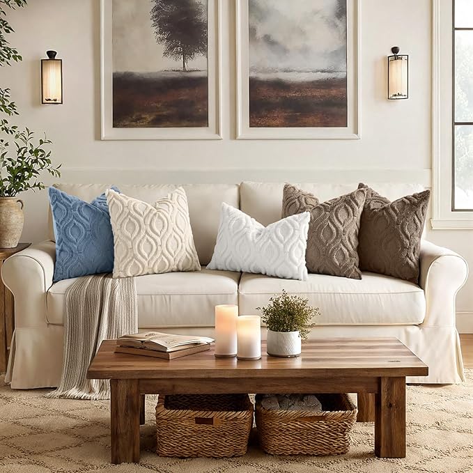 decorUhome Throw Pillow Covers 22x22 Inch Set of 2, Soft Plush Faux Wool Blue Solid Couch Pillow Covers, Accent Euro Sham Farmhouse Neutral Square Pillow Cases for Sofa Bed Living Room