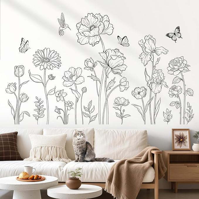 decalmile Large Black Boho Flower Wall Decals Simple Sketch Floral Wildflower Butterfly Wall Stickers Bedroom Living Room Sofa TV Background Home Decor