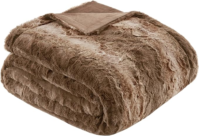 Madison Park Zuri Soft Plush Luxury Oversized Faux Fur Throw Animal Stripes Design, Faux Mink On The Reverse, Modern All Seasons Blanket for Bed, Sofa Couch, Office, Tan, 96x80"