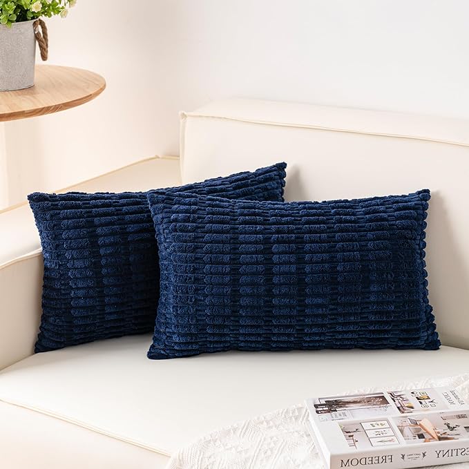 Aegero Pack of 2 Corduroy Decorative Throw Pillow Covers 12x24 Inch Soft Striped Pillow Covers Modern Farmhouse Home Decor for Sofa Living Room Couch Bed（Blue）