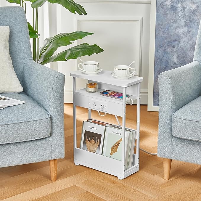 Narrow Side Table with Charging Station, 3-Tier End Table with 2 USB Ports & Power Outlets,Thin Sofa Side Table for Narrow and Small Spaces, Bedside Table Nightstand for Living Room,White
