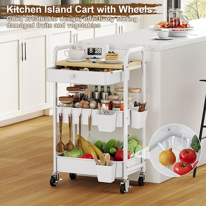 3 Tier Rolling Cart Metal with Table Top and Drawer, White Storage Cart with Wooden Top and Wheels, Three Tier Utility Carts Organizer for Art, Craft, Baby Diaper Caddy, Snack, Nail, Book, Makeup