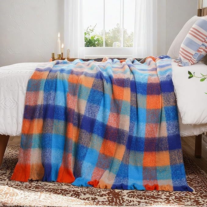 BATTILO Colorful Plaid Throw Blanket for Couch Bed, Fall Blue Plaid Throw Blanket with Vibrant Colors,Super Soft Cozy Cashmere Mohair Tartan Plaid Blanket for Fall Decor Home Decor(50"x60")
