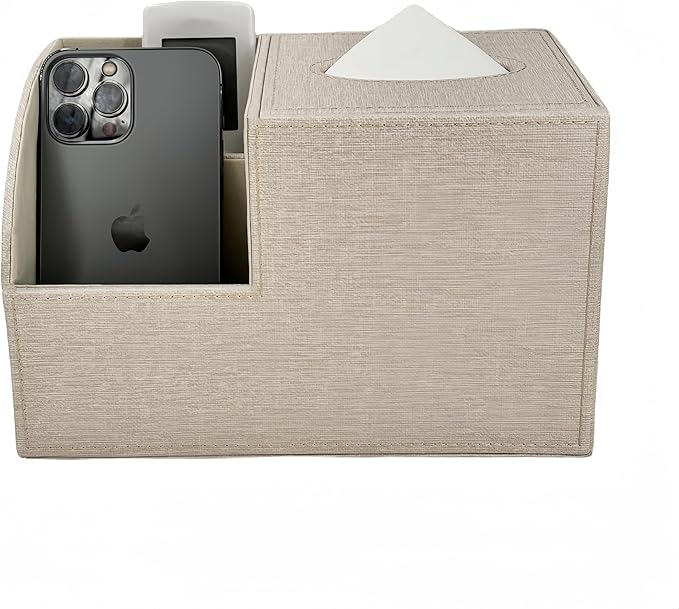 Square Tissue Box Cover,Modern Decorative Cube Tissue Box Holder with Two Compartment Organizers on The Left,Office and Home Living Room,Bedroom,Vanity,Bedside Table,Desktop Tissue Box Storage