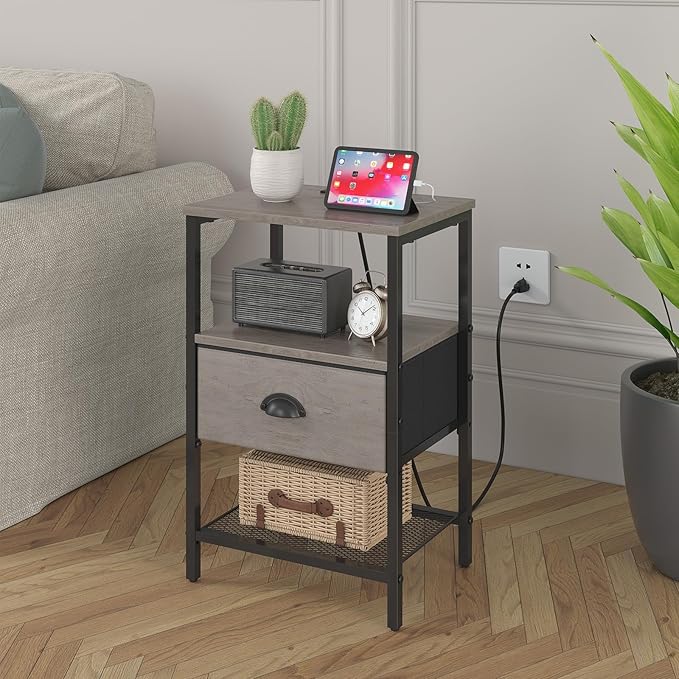 Nightstands Set of 2, Night Stands with Charging Station and Fabric Drawer, Grey Bedside Tables with Drawers, 2- Tier Side Table with Storage, Nightstands with Charging Station,Grey