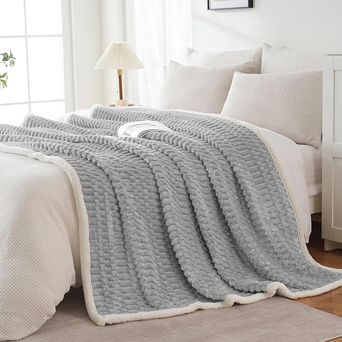 Sherpa Throw Blanket for Couch Flannel Cozy Soft Thick Blanket Warm Twin Blanket for Bed Fleece Home Decor Gifts, Z01 - Light Grey, 60"*80"