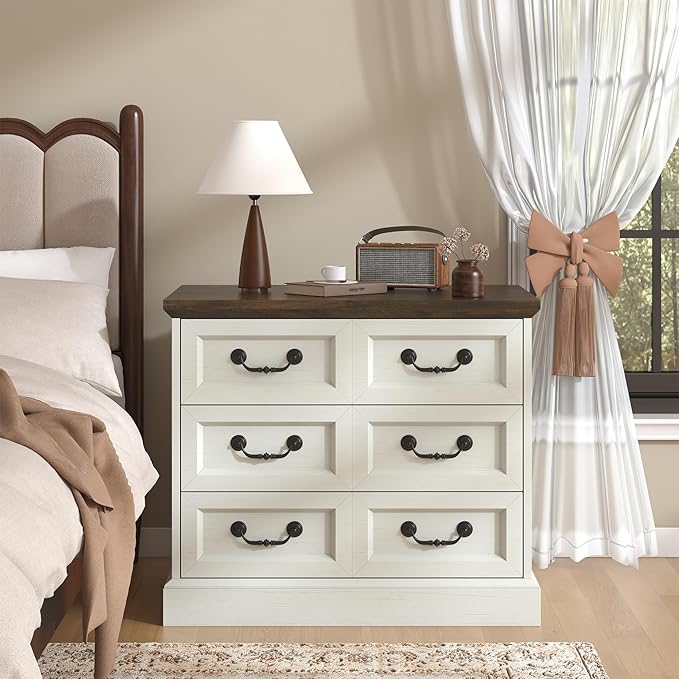Farmhouse Nightstand with Charging Station, 27.6" Wide White Wood Nightstand with 3 Drawers Organizer, Larger Side Table End Table with Storage, Modern Night Stand for Bedroom, Living Room