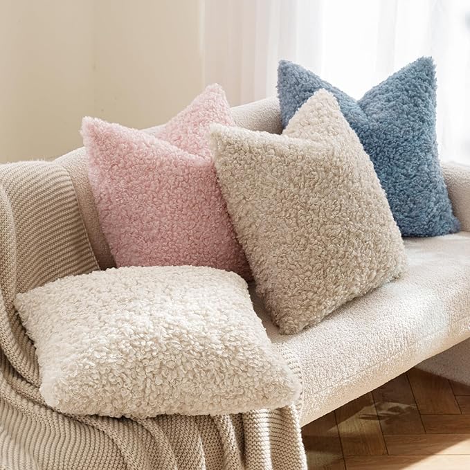 MIULEE Pack of 2 Faux Fur Throw Pillow Covers 18x18 Inch Neutral White Boucle Decorative Sherpa Pillow Covers Fuzzy Accent Soft Sheepskin Fleece for Boho Home Decor Sofa Living Room Couch Bed