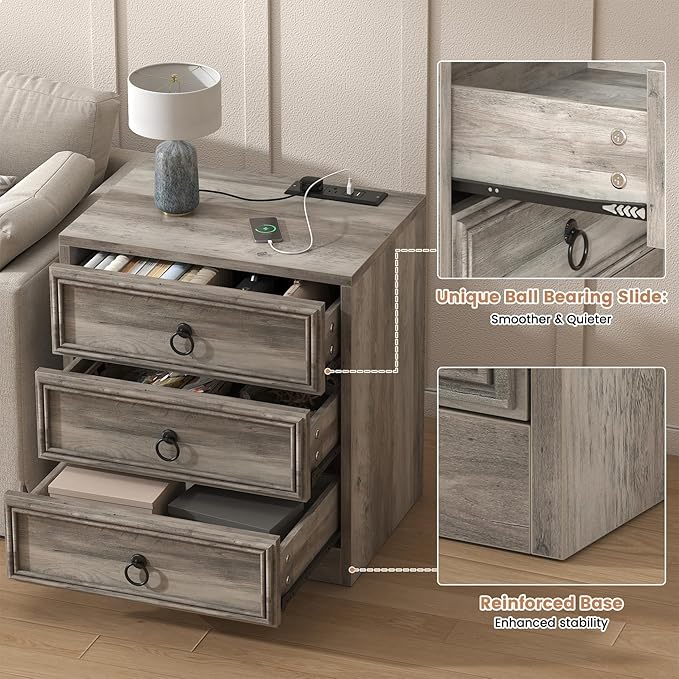 Farmhouse Nightstand with Charging Station, 21.7" Wide End Table with 3 Drawers, Grey Wood Side Table, Bedside Table for Bedroom, Living Room, Sofa