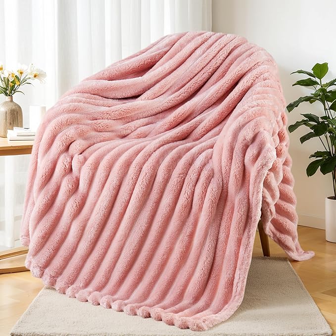 Exclusivo Mezcla Fleece Throw Blanket for Couch, Super Soft Striped Jacquard Bed Blanket, Lightweight Fuzzy Cozy for All Seasons, 50x60 Inches, Pink