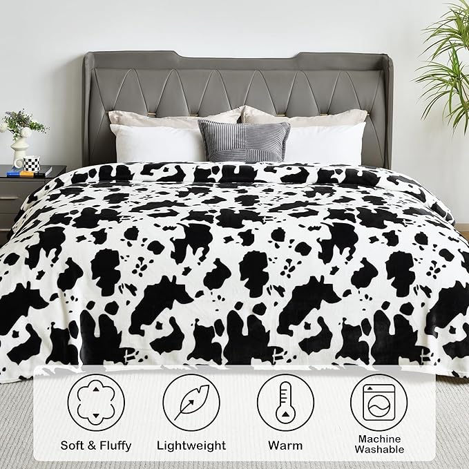 Softan Fleece Blanket - Black White Cow Print Throw Blanket - Fuzzy Lightweight Super Soft Microfiber Flannel Blankets for Couch, Bed, Sofa - Ultra Luxurious Warm and Cozy for All Seasons (90"×90")