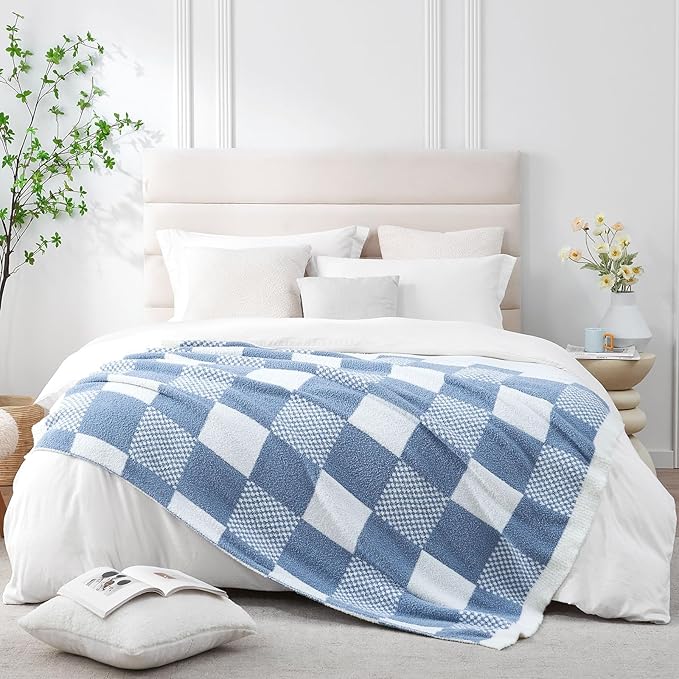 Snuggle Sac Checkered Blanket, Blue Throw Blanket for Couch Checker Microfiber Fluffy Warm Fuzzy Cozy Soft Throw Blanket Reversible Checkerered Blankets for Sofa, Chair, Bed, 60x80 inches