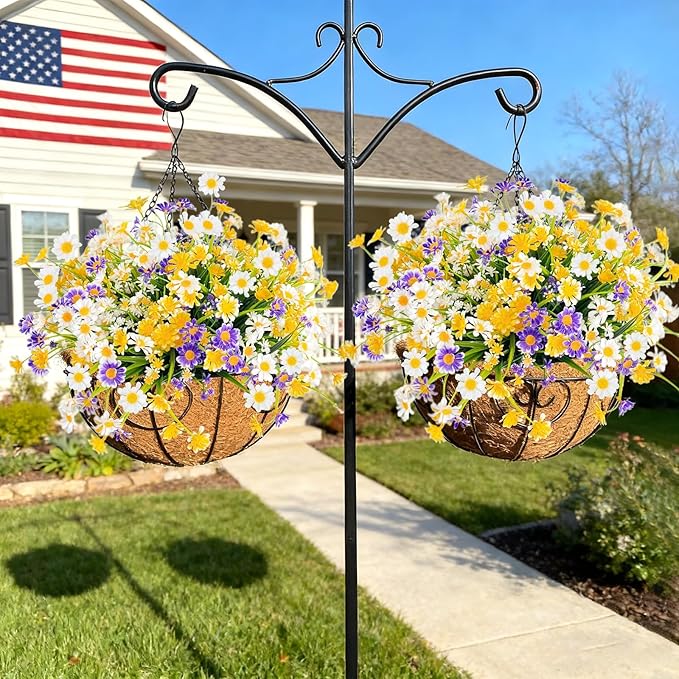 8 Bundles Artificial Daisy Flowers Outdoor Summer Decor,UV Resistant Fake Flowers Faux Plastic Greenery Shrub Plants for Hanging Gardens Window Box Porch Spring Cemetery Décor(Mix White Yellow Purple)
