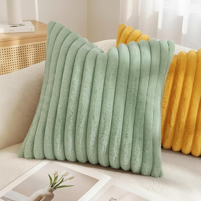 decorUhome Summer Cozy Faux Fur Throw Pillow Covers 24x24 Set of 2 Decorative Plush Striped Modern Farmhouse Boho Couch Euro Sham Pillow Cases with Velvet Back for Sofa Bed Living Room, Sage Green