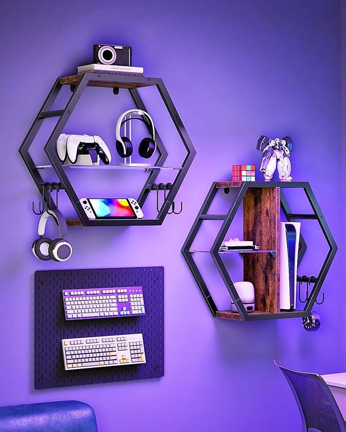Hexagon Floating Shelves Set of 2, 18.9" Glass Hanging Shelves for Wall Decor, Wall Storage Rack and 12 S-Hooks, for Living Room, Bedroom, Office, Game Center, Rustic Brown TBJ08BF