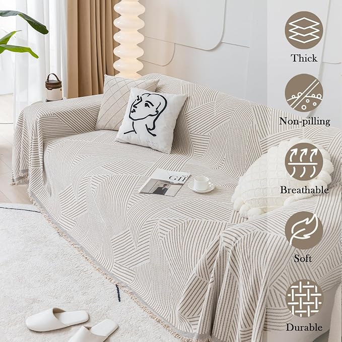 HANDONTIME Khaki Couch Cover Reversible Sofa Slipcovers Striped Sofa Towel Sofa Covers for 3 Cushion Couch Durable Couch Cover for Dogs Chenille Furniture Protector Cover with Tassel, 71" X134"
