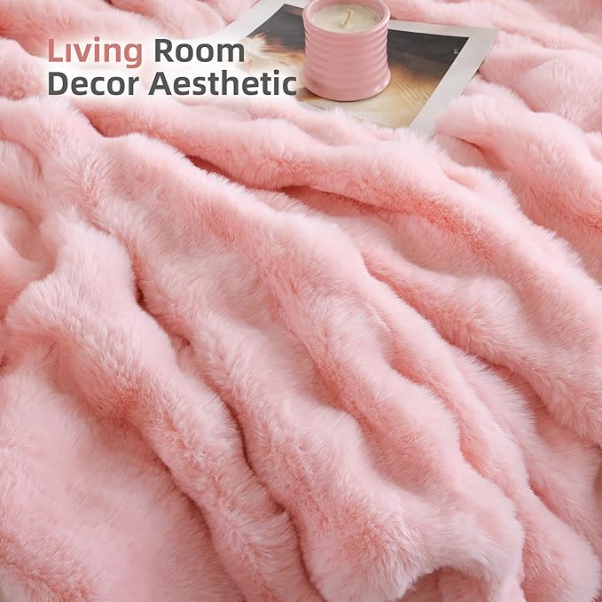 Smoofy Faux Fur Throw Blanket for Couch – Blush Pink Fluffy Cozy Rabbit Fleece, Plush Soft Bubble Blanket for Sofa & Bed, for Mom, Warm Fuzzy Home Room Decor Throw 60" x 80"