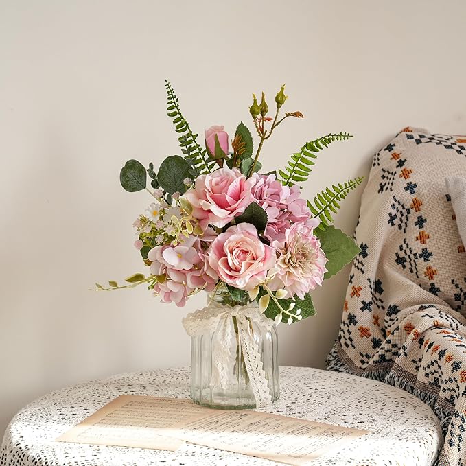 LUEUR Fake Flowers with Vase – Artificial Pink Dahlia & Hydrangea Arrangement, Spring Floral Centerpiece for Coffee Table, Dining Room, Living Room & Farmhouse Home Decor