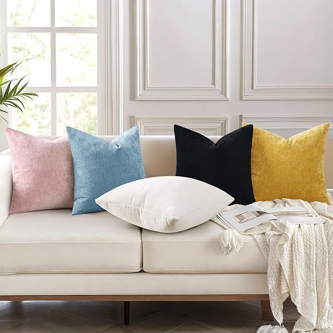 decorUhome Chenille Grey Blue Throw Pillow Covers 12x20 Inch Set of 2, Decorative Soft Couch Pillow Covers Solid Dyed Accent Farmhouse Neutral Rectangle Pillow Cases for Sofa