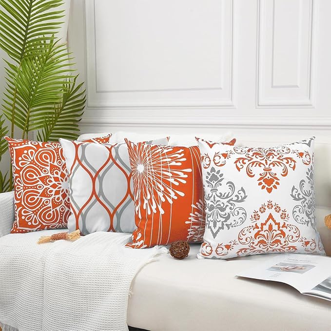 Coliuso Decorative Throw Pillow Covers 16x16 inch Set of 4,Orange and White Modern Simple Square Pillow Case Cushion Cover for Sofa Couch Farmhouse Outdoor Living Room