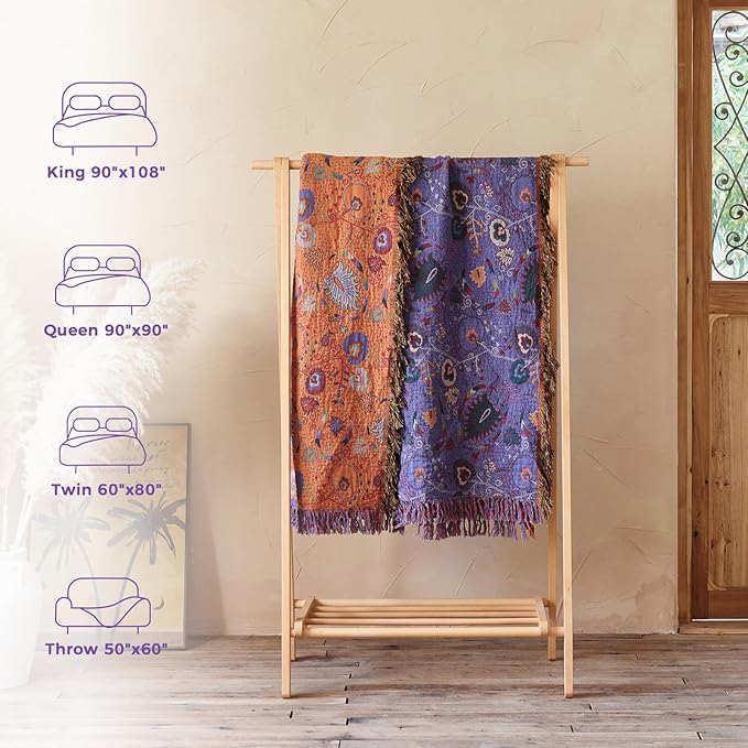 Boho Throw Blanket for Bed 100% Cotton Soft Lightweight Quilt Home Livingroom Decor Purple Spring Bed Blanket,Floral Embroidery Reversible All Season Breathable Blankets for Sofa Couch Chair 80"x90"