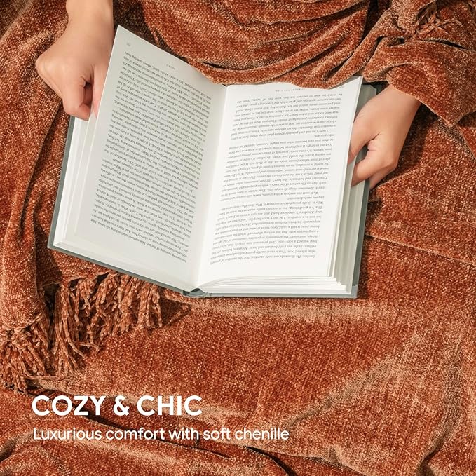 RECYCO Throw Blanket Soft Cozy Chenille Throw Blanket with Fringe Tassel for Couch Sofa Chair Bed Living Room Gift (Rust, 60" x 80")