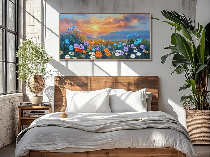 Ardemy Wildflower Wall Art for Living Room, Framed Floral Canvas Picture Bedroom Wall Decor, Sunset Painting Flower Textured Artwork for Walls Dining Room Home Office 40"x20"