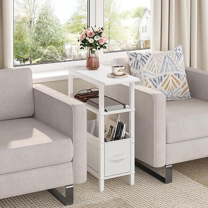 Narrow Side Table with Charging Station, Slim End Table with Fabric Storage, Skinny Nightstand for Small Spaces, Thin Bedside Table for Living Room, Bedroom, White ETBW125E01