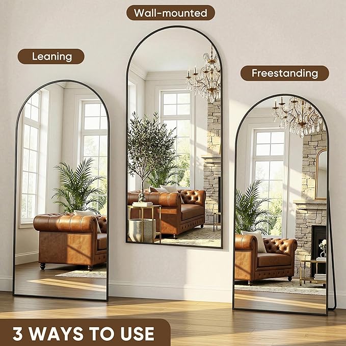 Antok Full Length Mirror, 90"x46" Floor Mirror with Stand, Hanging Mounted Mirrors for Bedroom, Living Room, Cloakroom, Dining Room, Black, Arched