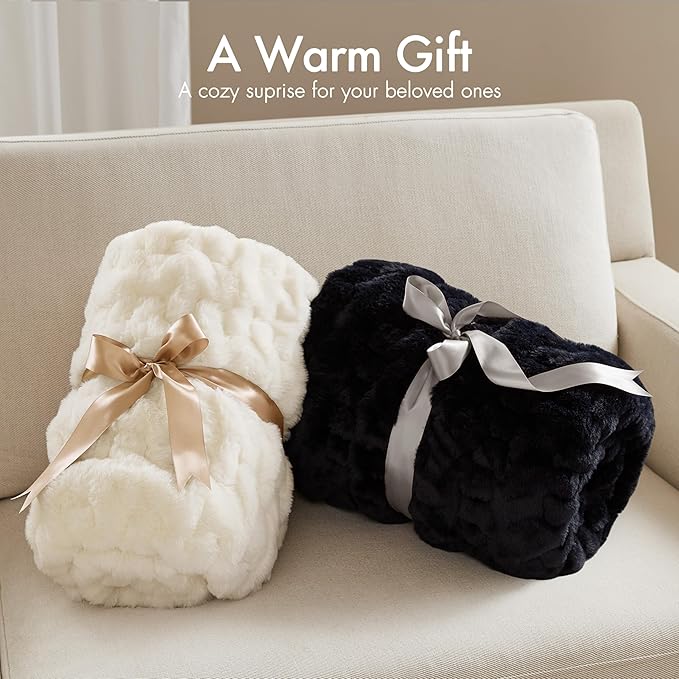 Madison Park Ruched Fur Luxury Throw Premium Soft Cozy Brushed Long Faux Fur For Bed, Couch or Sofa , 50x60" , Ivory