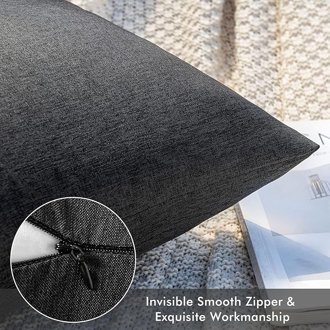 MIULEE Pack of 2 Decorative Outdoor Solid Waterproof Throw Pillow Covers Faux Linen Garden Farmhouse Cushion Cases for Halloween Tent Balcony Couch Sofa 20x20 Inch Black