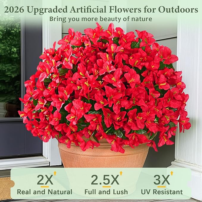 Yastouay 16 Bundles Artificial Flowers for Outdoors, Realistic Bougainvillea Fake Flowers for Outside, UV Resistant Silk Outdoor Faux Plants for Porch Patio Planter Front Door Garden Decor(Red)