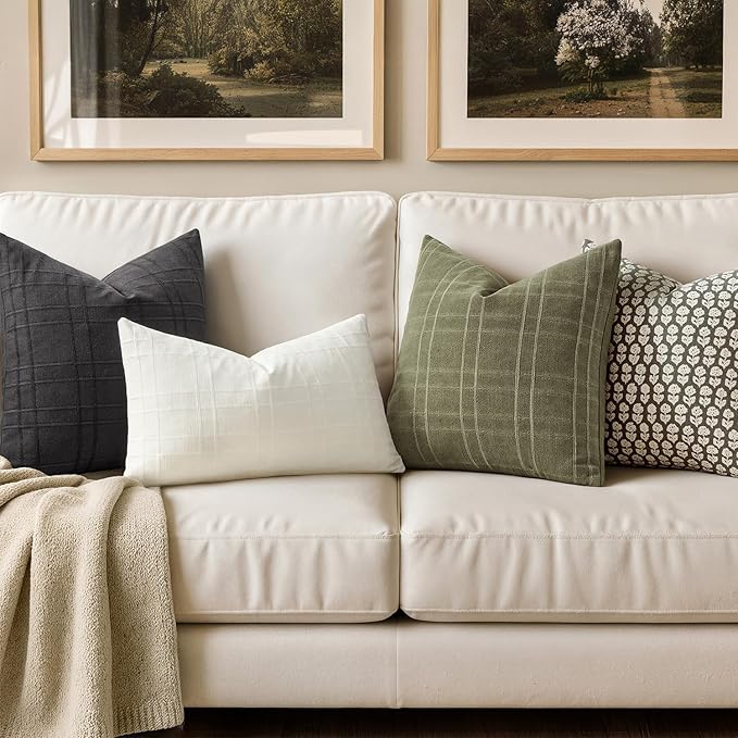 MIULEE Decorative Linen Check Throw Pillow Covers Neutral Farmhouse Vintage Spring Pillow Covers 20x20 Set of 2 Boho Modern Home Decor for Sofa Couch Bedroom Cushion Sage Green
