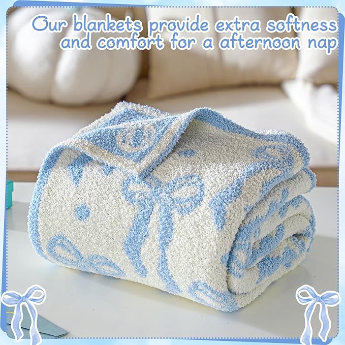 Buryeah Blue Bow Blanket Soft Microfiber Double Sided Bow Throw Blanket 50"x 60" Coquette Aesthetic Plush Bedding Stuff Sofa Chair Dormitory Room Decor for Women, Wedding Bridesmaid Gifts, Mother