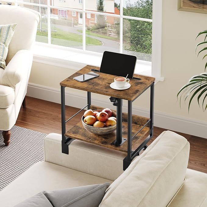 Bedside Shelf, Bed Shelf with 360° Rotating and Height-Adjustable Tray, Drom Side Tray Table, Nightstand with Storage for College, Bedroom, Rustic Brown and Black