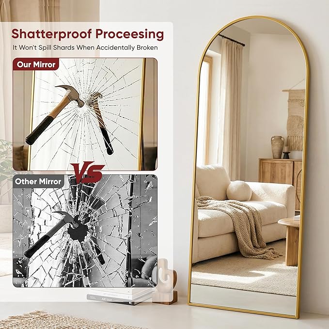 Antok Full Length Floor Mirror Arched Standing Mirror with Aluminum Frame - Freestanding Wall Mount Leaning Body Mirror for Bedroom Living Room Entryway, 71" L x 28" W, Gold