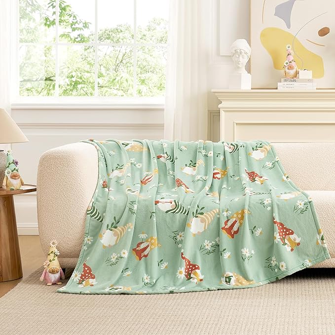 Cozy Bliss Gnome Spring Throw Blanket - Garden Daisy Floral Design, Warm MilkyPlush Throw Blankets, Ultra Soft Cozy Blankets for Couch, Sofa and Bed, Green, 60X80inches