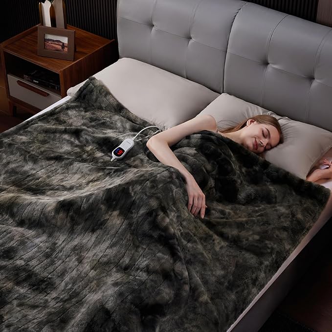 Guohaoi Heated Blanket Electric Throw, Soft Faux Rabbit Fur Electric Blanket with 10 Heating Levels 5 Sitting Timer Auto Off, Cozy Warm Heating Blankets, Machine Washable(62"×84" Dark Grey)
