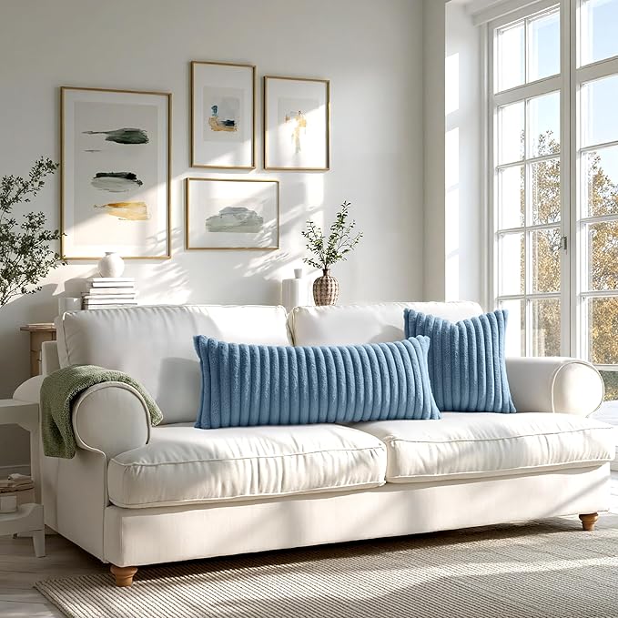 MIULEE Faux Fur Decorative Throw Pillow Covers 20x20 Inch Set of 2, Coastal Modern Art Spring Home Decor Soft Plush Couch Pillows Cozy Fluffy Cushion Covers for Sofa Bed Grey Blue
