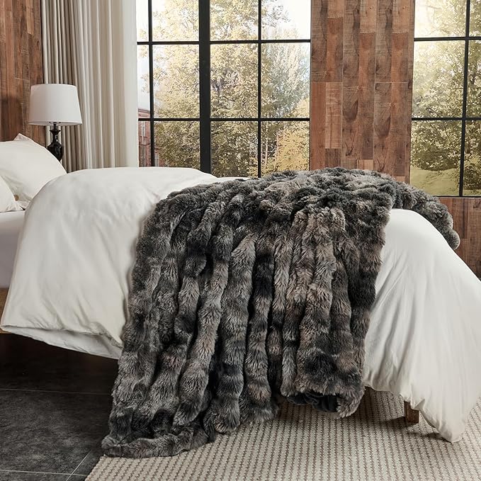 Lotus Karen Faux Fur Blanket Tie-Dye Dark Gray Twin Size - Big Bubble Rabbit Fluff Throw for Couch Small Fluffy Fuzzy Cozy Thick Furry Plush Shaggy Blankets 108x90 Inches