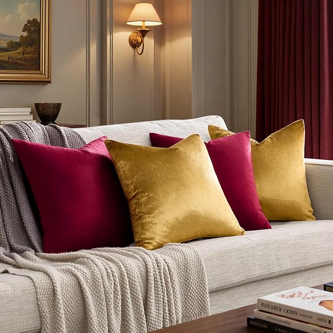 GIGIZAZA Burgundy Gold Pillow Covers: Decorative 18x18 Super Soft Throw Pillows Square Covers Pack of 4 - Velvet Elegant Solid Couch Cushion Covers for Living Room,Bedroom,Sofa,Christmas