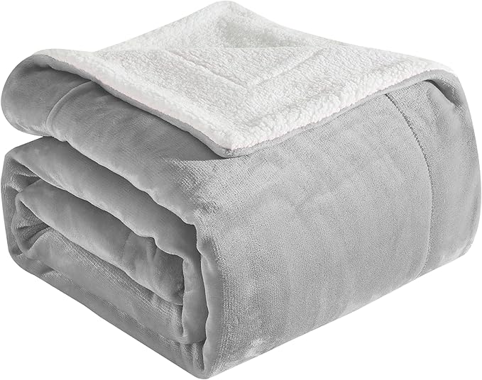 Elegant Comfort Ultra Soft Reversible Flannel Sherpa Blanket - Cozy Silky Fleece Throw for Couch, Bed - Plush Fuzzy Warm Winter Blanket for Gift, Queen, Silver Grey