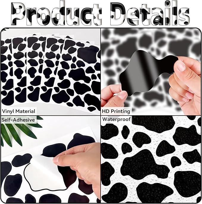 Cow Print Stickers - 10 Sheets 280 Pieces Black Vinyl Adhesive Cow Spot Pattern Print Wall Art Decals for Kitchen Bathroom Bedroom Living Room Home Nursery Classroom Wall Décor