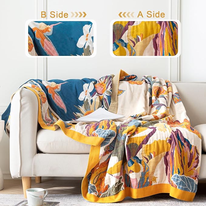 Boho Throw Blanket for Bed 60"x80", 100% Soft Cotton Bohemian Blankets with Rustic Floral Printed Decor, Spring Throw Blanket for Couch Cozy Breathable King Size All Season