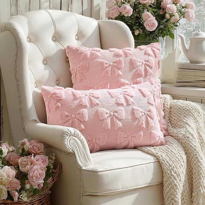 MIULEE Light Pink Bow Pillow Covers Coquette Room Decor Aesthetic Set of 2 Spring Decorative Cute Girl Soft Plush Faux Pillowcase for Preppy Room Decor Bedroom Couch,16x16 Inch