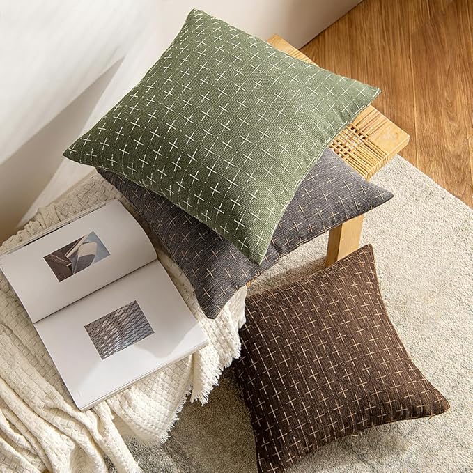 MIULEE Pack of 2 Vintage Decorative Burlap Linen Spring Throw Pillow Covers Modern Farmhouse Pillowcase Rustic Woven Textured Cushion Cover for Sofa Couch Bed 20x20 Inch Olive Green