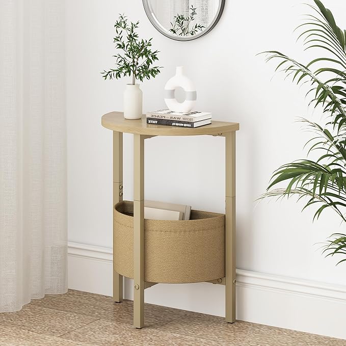 Vagusicc Small Round Side Table End Table, Tall Accent Table with Storage Basket, Set of 2 Half Round Tables Half Moon Tables, Coffee Bedside Tables, Modern Nightstand for Living Room Bedroom,Natural